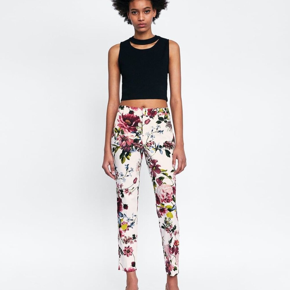 NWT ZARA Floral Print Chino Pants Trousers Size 6